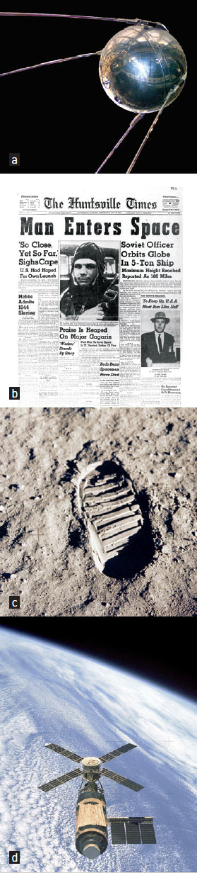 a, Sputnik Satellite. b, Front Page: Yuri Gagarin, fist human
in space. c, Buzz Aldrin's footprint on the moon. d, Skylab Space Station NASA/courtesy of nasaimages.org