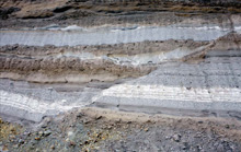 Falla geológica en estratos de ceniza volcánica en un corte de carretera