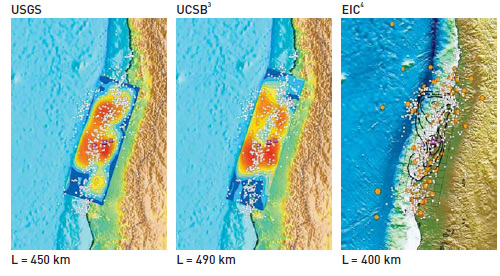 Figure 5. Estimated fault plane ruptures reported by three seismological
agencies: USGS (left), UCSB (centre) and EIC (right)