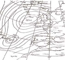 Map 1: Situation on the surface prior to the 1941 February windstorm. Source: U.K. Met Office